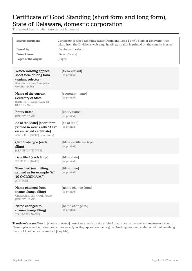 Page 1 of a specimen translation: the title, a box naming the source document, and shaded rows of fields with their values in brackets.
